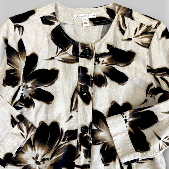 JM Collection Petite 100% Linen Floral 3/4 Sleeves Button Up Top Blouse Size 10P - Picture 4 of 13